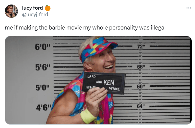 photo of Ken's mug shot from the Barbie movie. Caption says "me if making the barbie movie my whole personality was illegal."