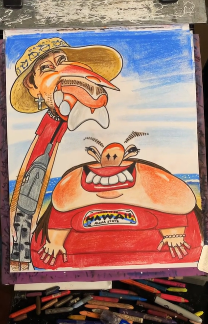 caricature drawing of a couple, the man looks tall and skinny with huge teeth and the woman is short and squat with huge teeth