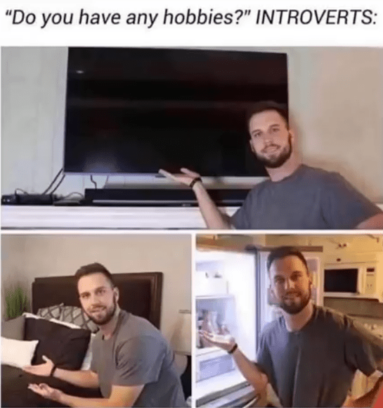 man showing off his TV, bed, and fridge  in response to someone asking if he has hobbies
