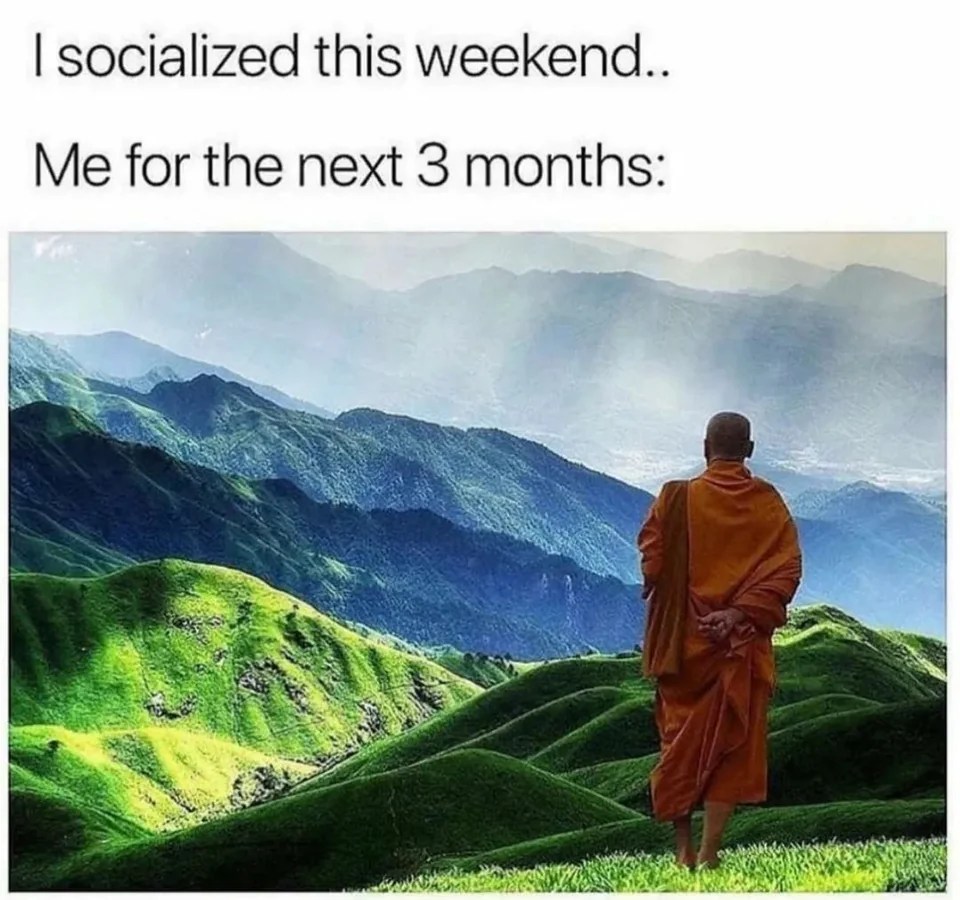 photo of monk gazing into the mountains with text "I socialized this weekend.. me for the next 3 months."
