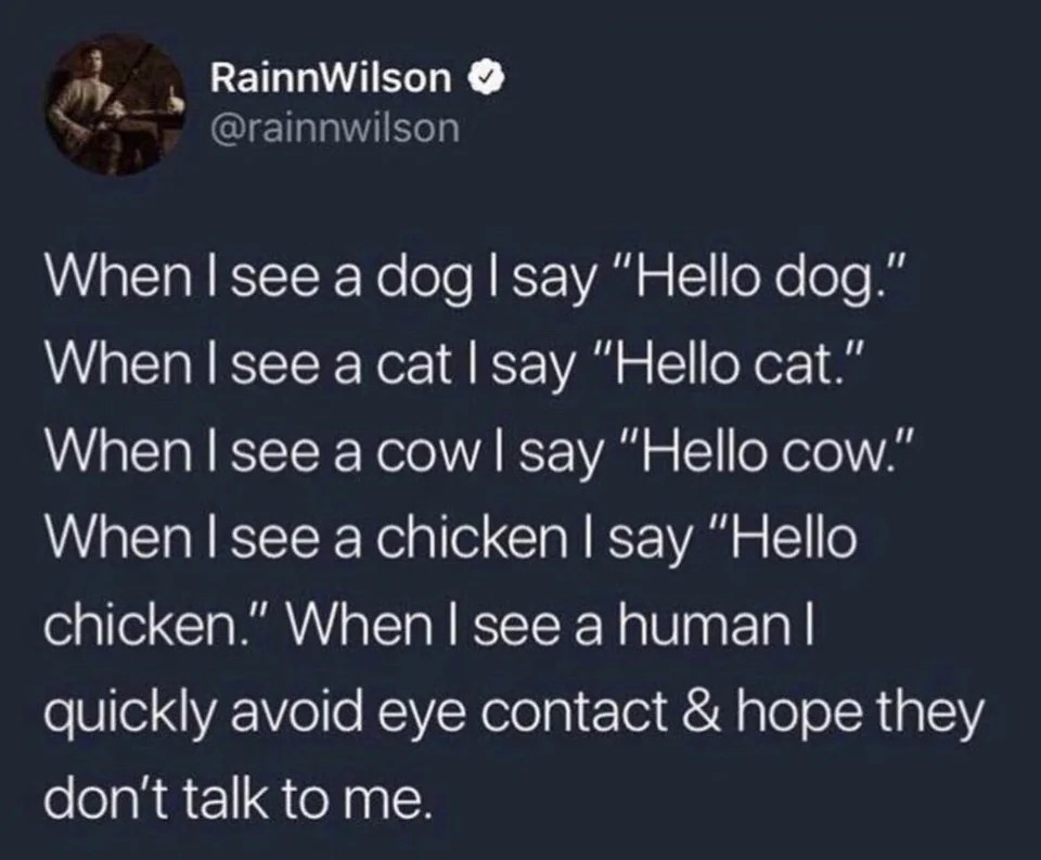 Rainn Wilson tweet about introversion: he says hello to dogs, cats, cows, chickens... but avoids eye contact with humans