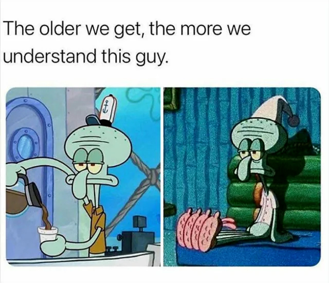Squidward meme showing him looking depressed with text about understanding him more now that we're adults