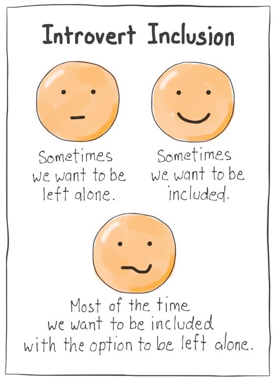 introvert cartoon with smiley faces saying they want to be left alone sometimes, included other times