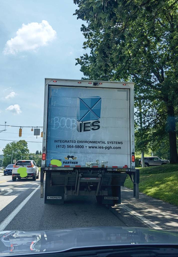 truck with IES on the back, but someone added boob so it says boobies