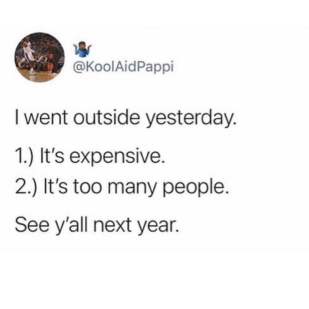 tweet says "I went outside yesterday.
1. It's expensive.
2. It's too many people
See y'all next year."