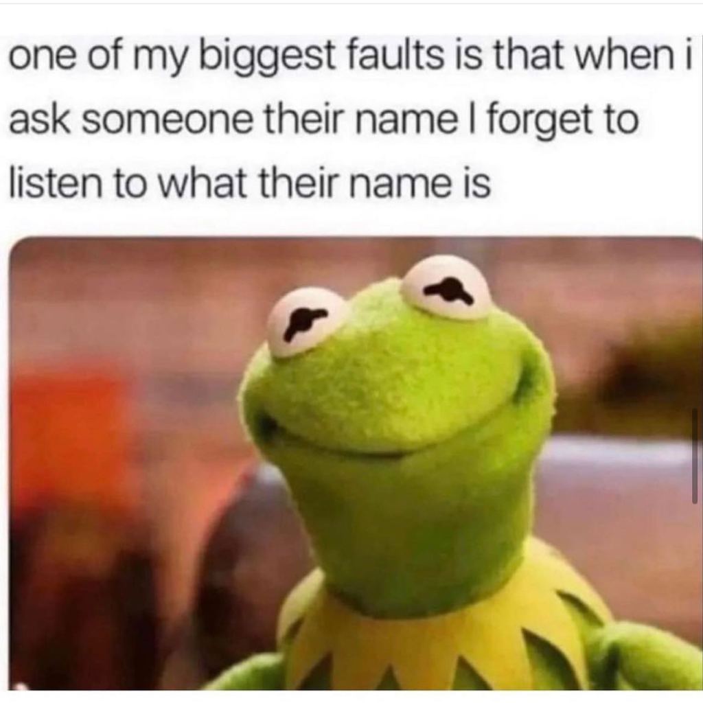 Picture of Kermit the frog and caption: one of my biggest faults is that when I ask someone their name I forget to listen to what their name is"