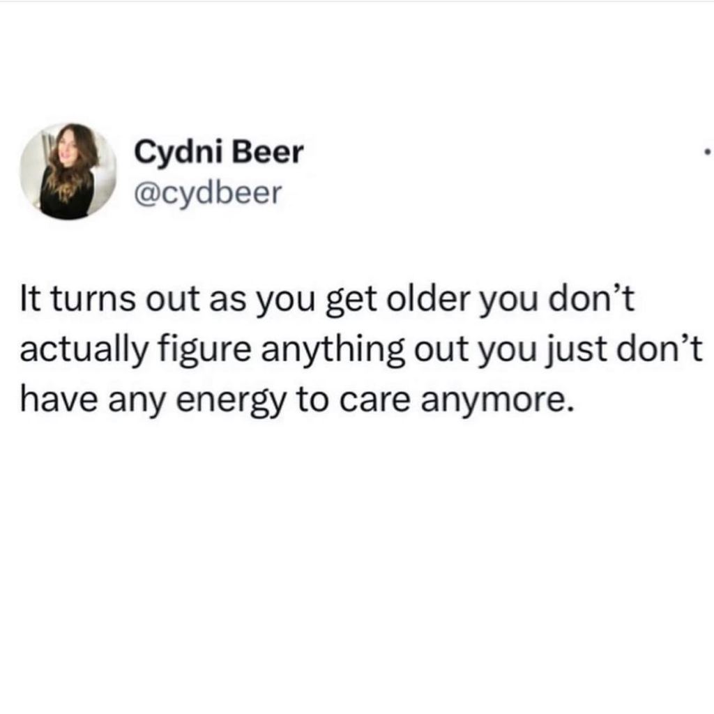 tweet says "It turns out as you get older you don't actually figure anything out you just don't have the energy to care anymore."
