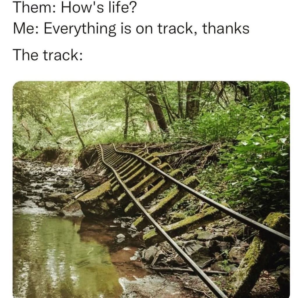 Meme shows a picture of a crooked and broken train track. Caption says: Them: how's life? me: everything is on track, thanks. The track: