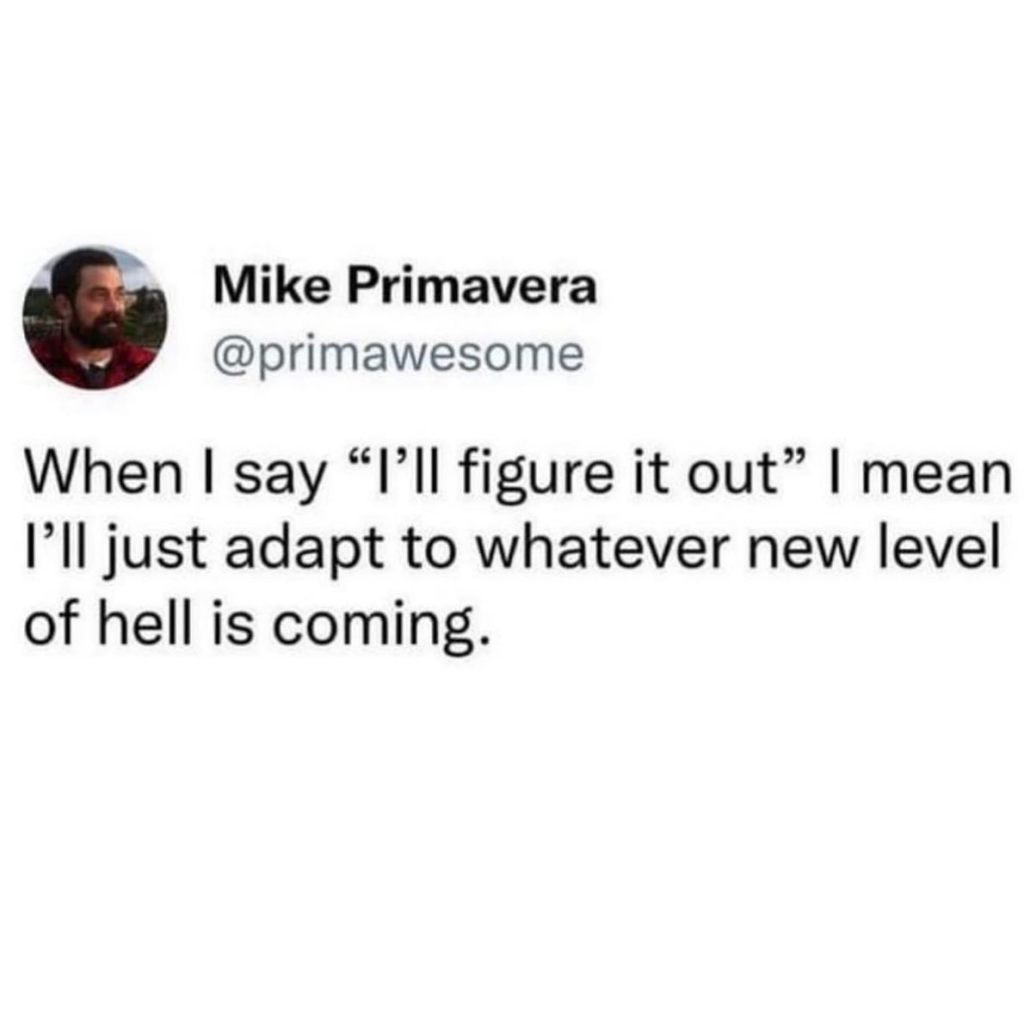 text says "when I say I'll figure it out I mean I'll just adapt to whatever new level of hell is coming."
