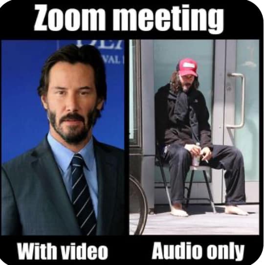 two photos of Keanu Reeves. On left, he is coiffed and wearing a suit. On right, he is wearing baggy clothes and a hat and slumped in the corner.