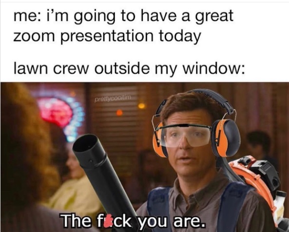 Jason Bateman wearing a leaf blower and ear protection.